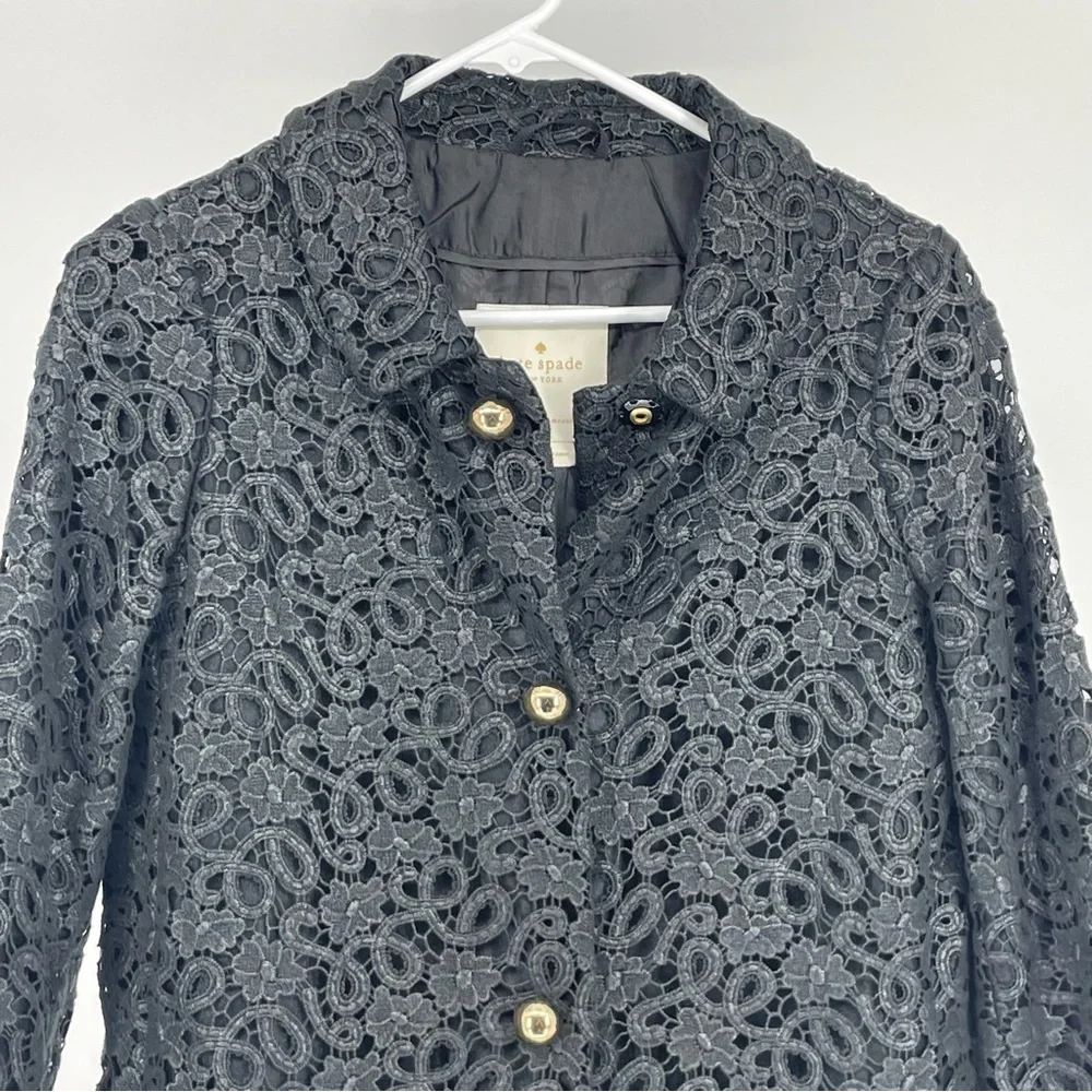 KATE SPADE BLACK LACE BUTTON UP COAT BLACK AND GOLD XXS - Picture 3 of 11